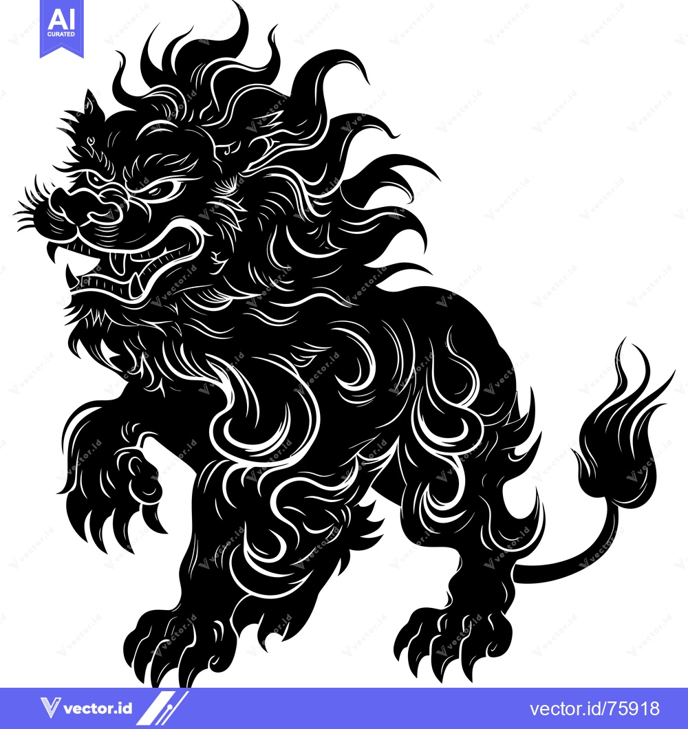 Premium Vector of Black and White Illustration of a Ferocious Lion with a Long Tail