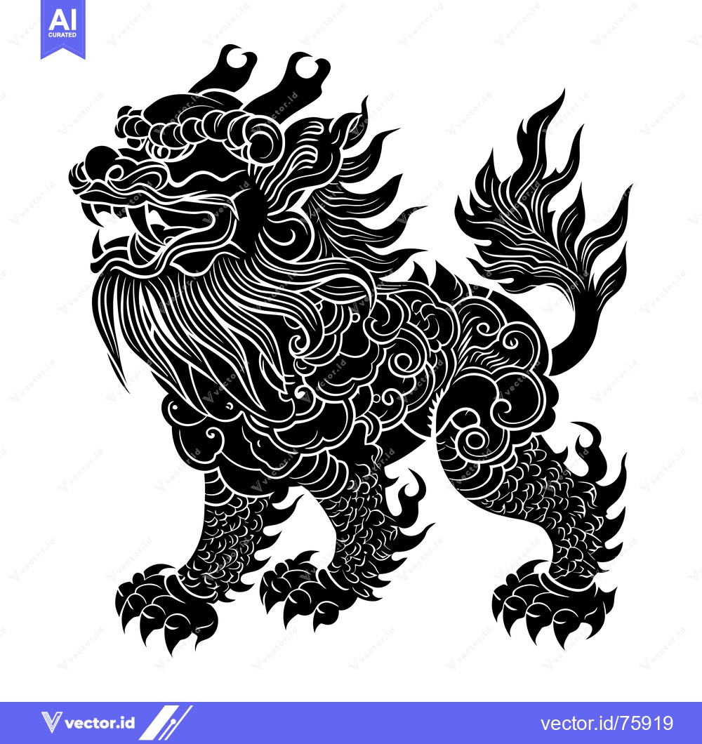 Premium Vector dari Black and White Illustration of a Chinese Guardian Lion with Ornate De