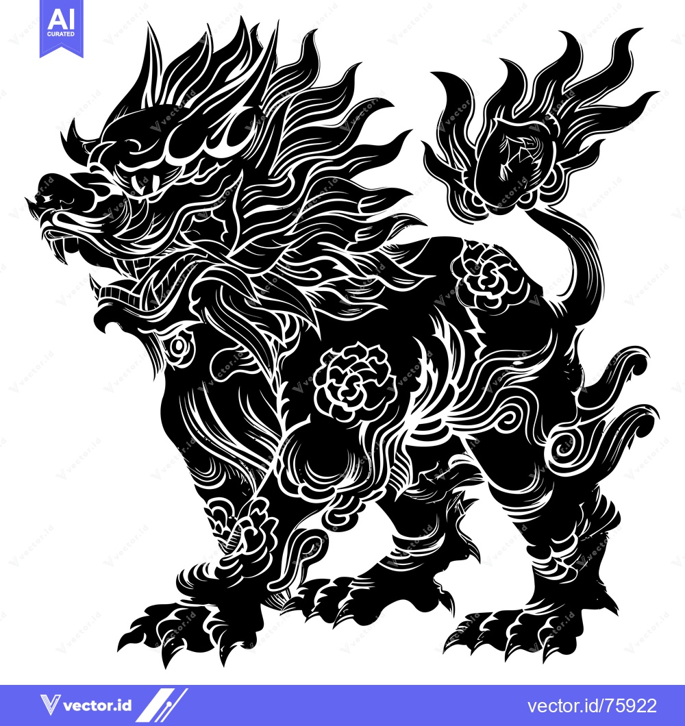 Premium Vector dari Intricate Black and White Silhouette of a Mythical Lion-Like Creature