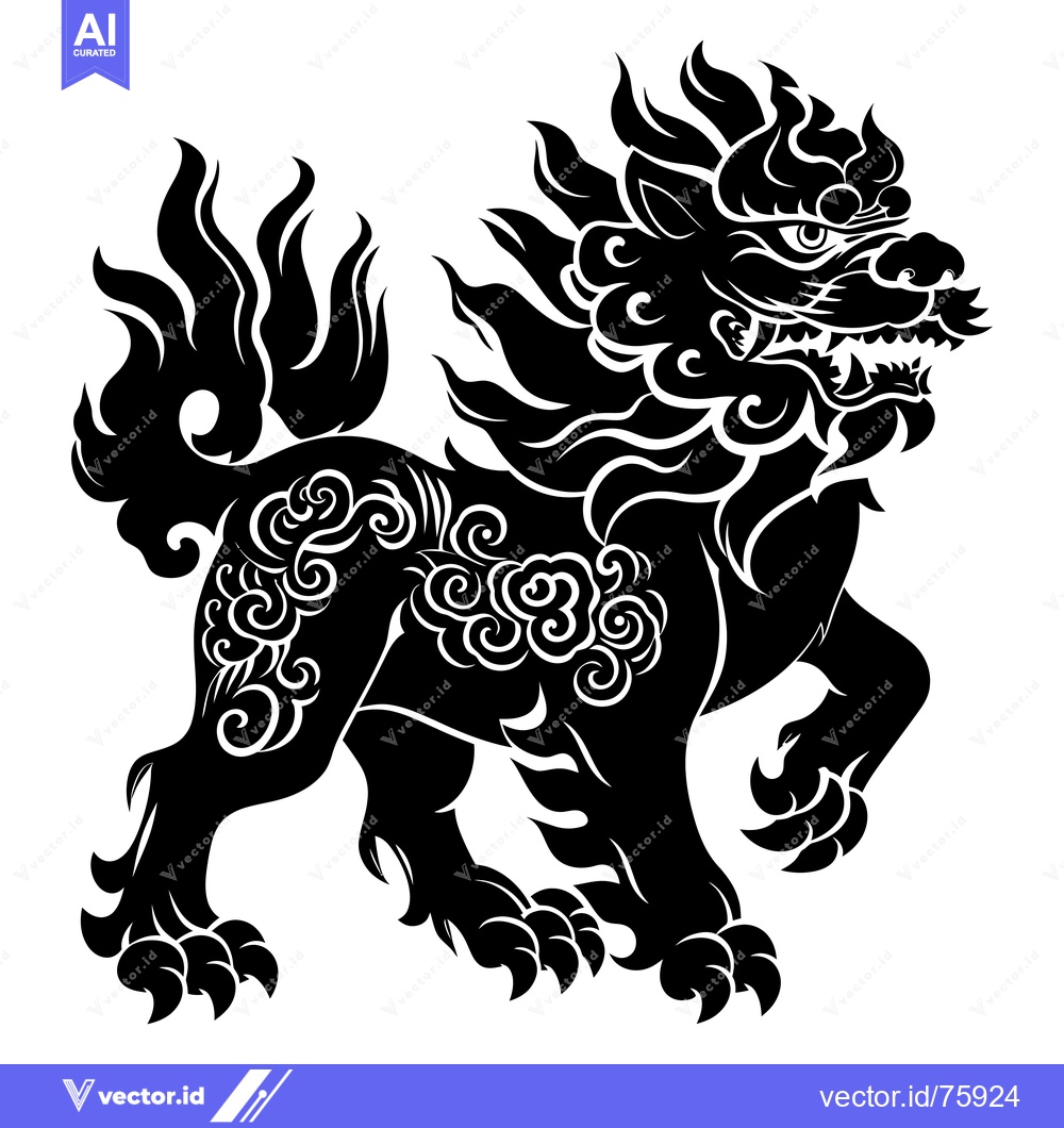 Premium Vector of A Black and White Silhouette of a Chinese Guardian Lion with Intricate