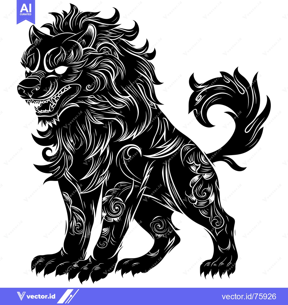 Premium Vector dari Black and White Ornate Ferocious Wolf Silhouette