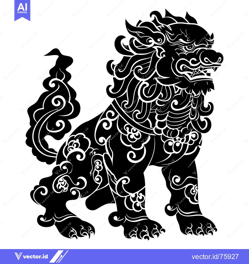 Premium Vector of Ornate Black and White Silhouette of a Chinese Guardian Lion