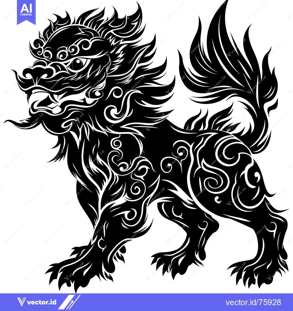 Premium Vector of Ornate Black and White Chinese Guardian Lion with a Fierce Expression