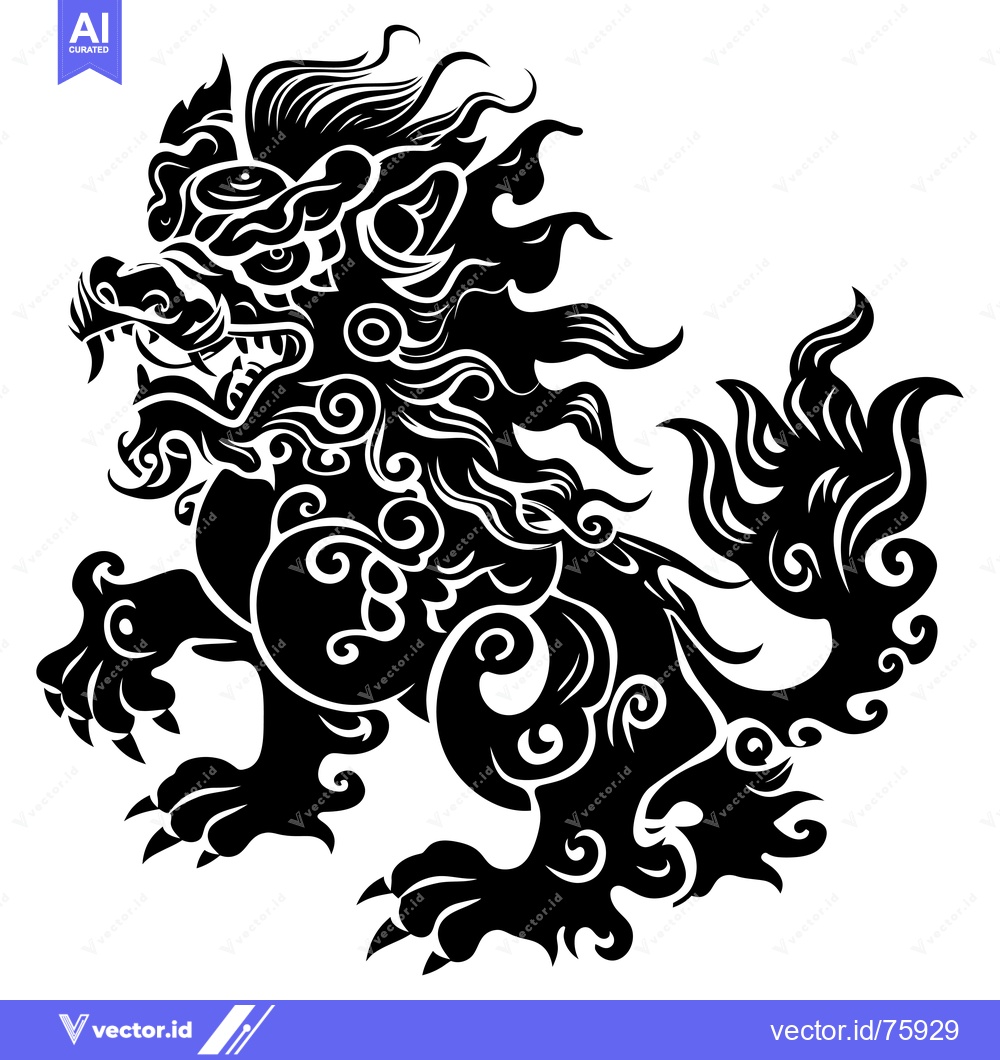 Premium Vector of A black and white illustration of a stylized lion with ornate details.