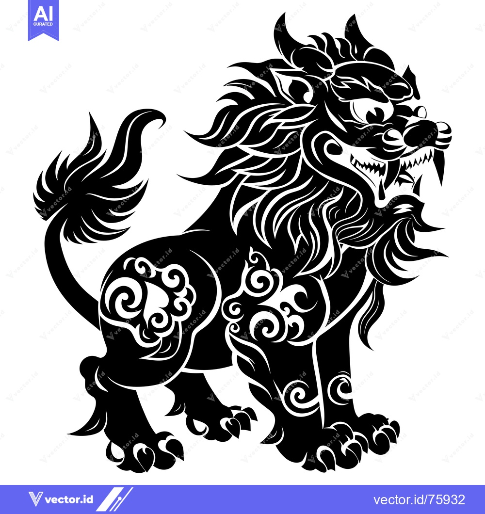Premium Vector of A Black and White Illustration of a  Chinese Guardian Lion with Intric