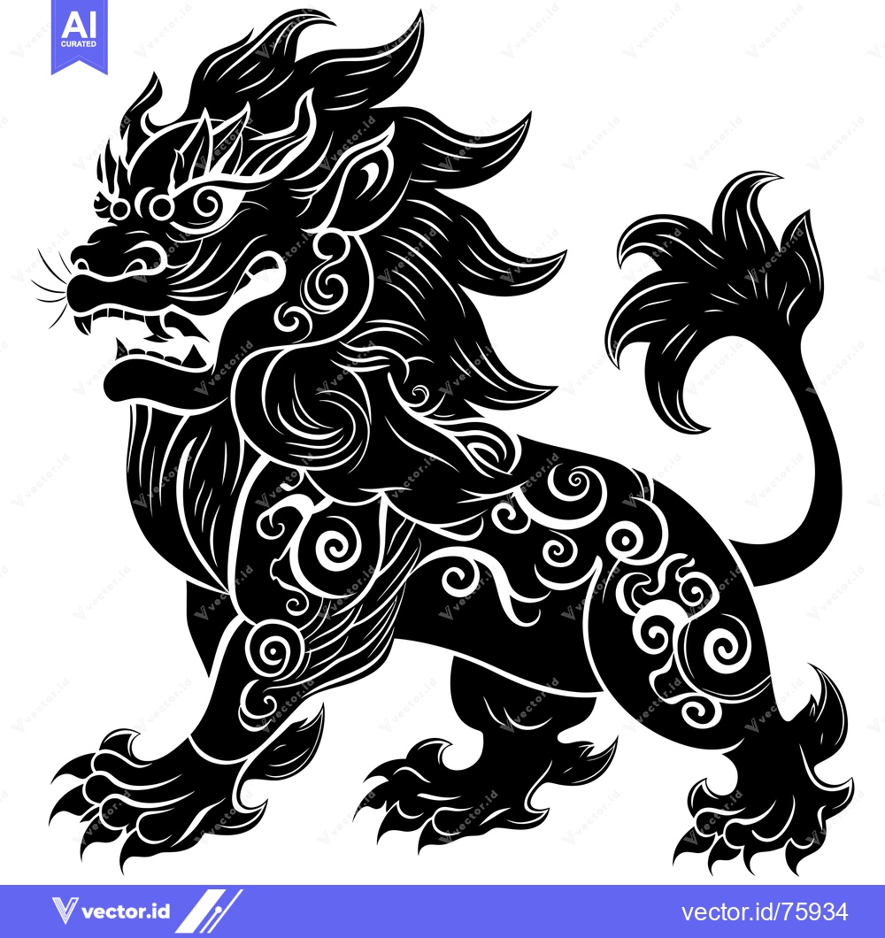 Premium Vector of Ornate Black Silhouette of a Lion-Like Creature with a Curved Tail