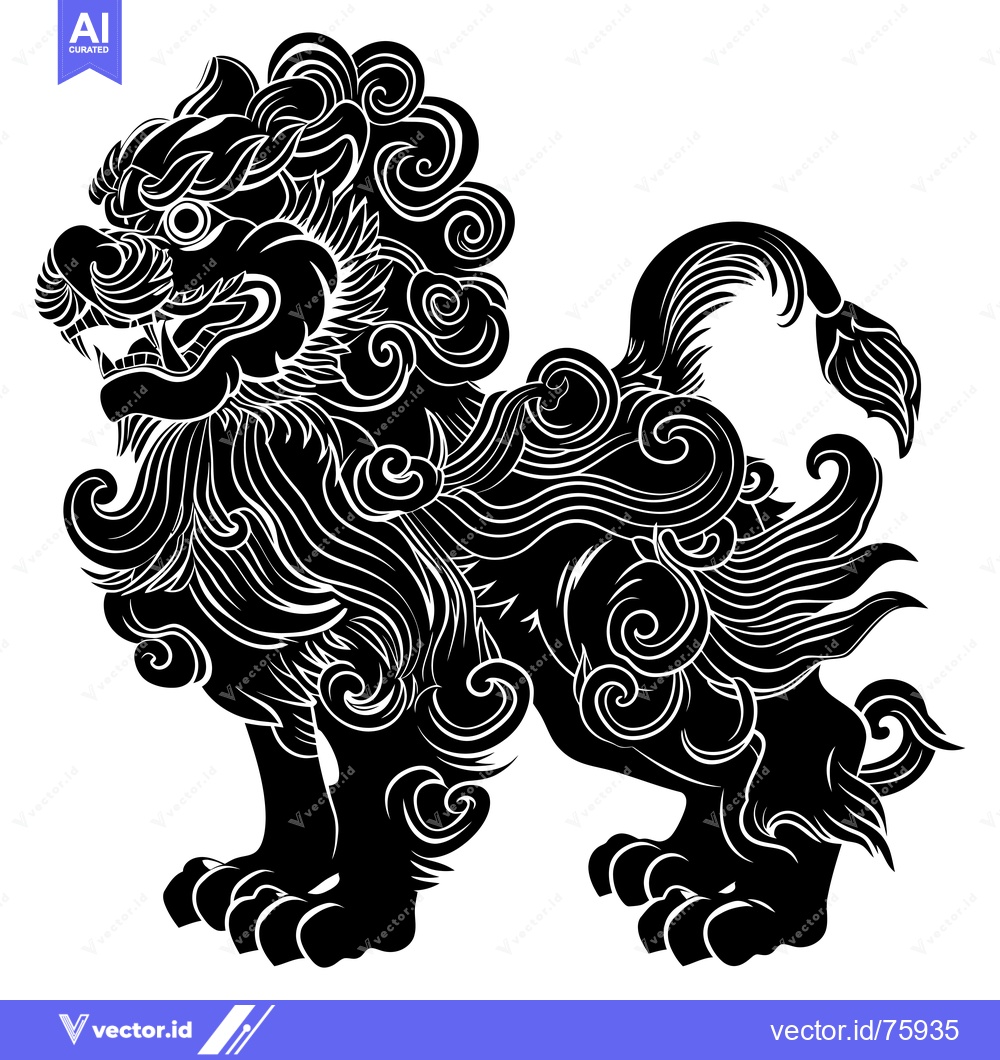 Premium Vector dari A Stylized Black and White Illustration of a Lion in a Guardian Pose