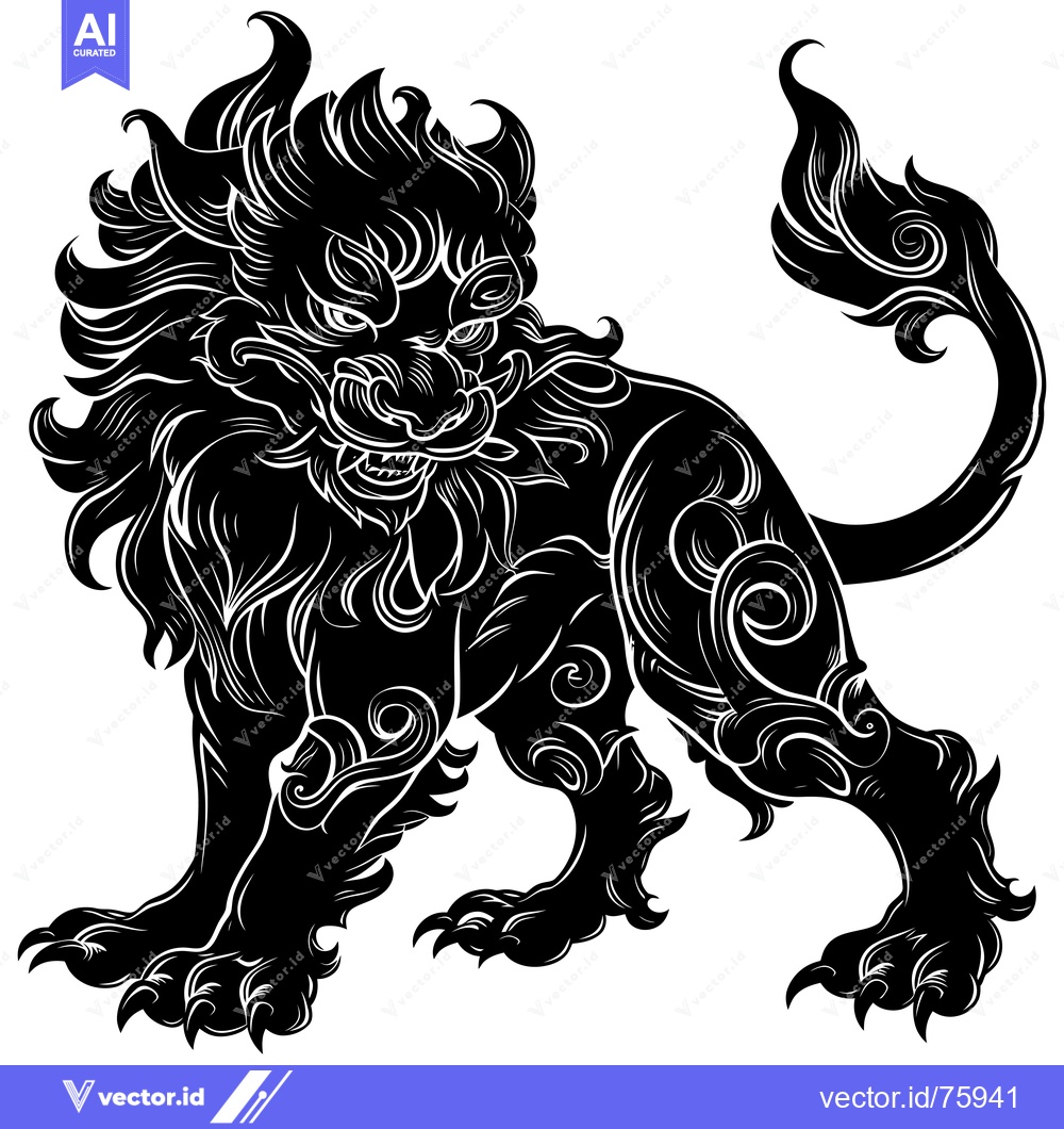Premium Vector dari Black and white silhouette of a mythical lion with ornate details