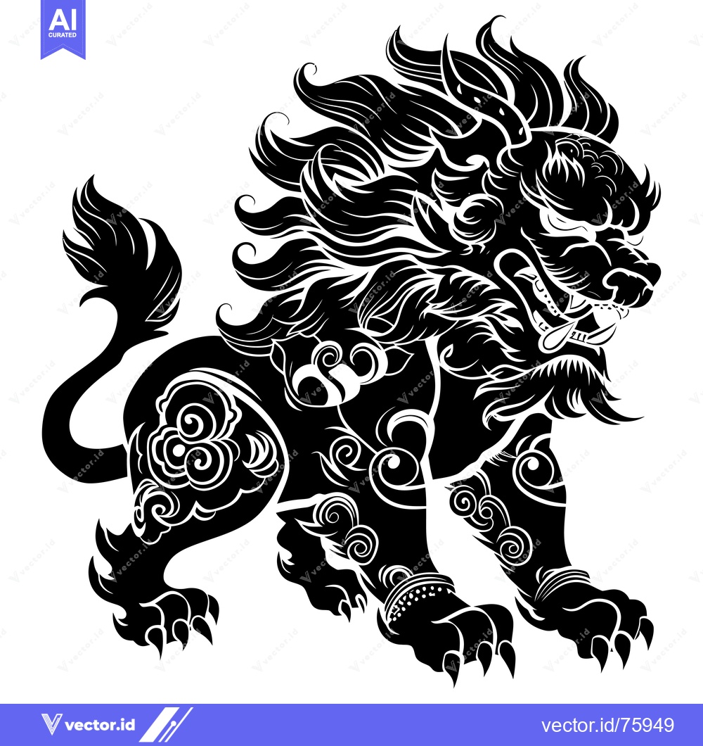 Premium Vector dari Black and White Illustration of a Guardian Lion with Ornate Details