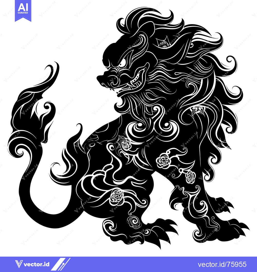 Premium Vector dari Black and White Ornate Lion Silhouette with Floral Motifs