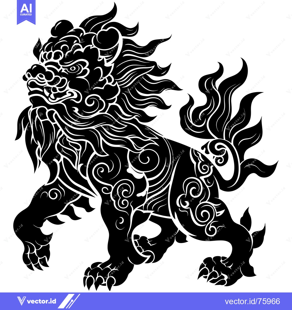 Premium Vector of Ornate Black and White Silhouette of a Chinese Guardian Lion