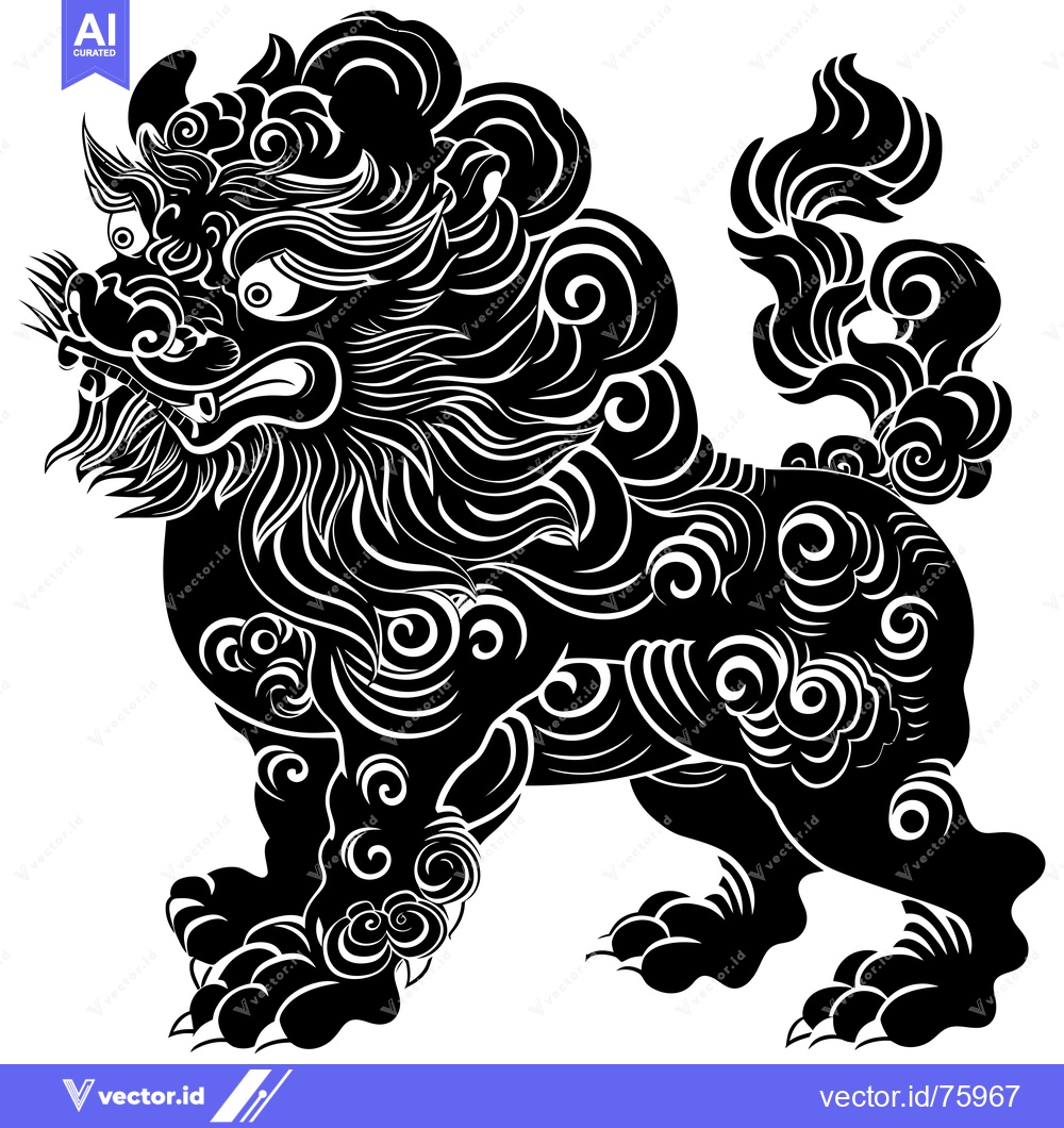 Premium Vector of Black and White Illustration of a Mythical Lion with Ornate Detailing