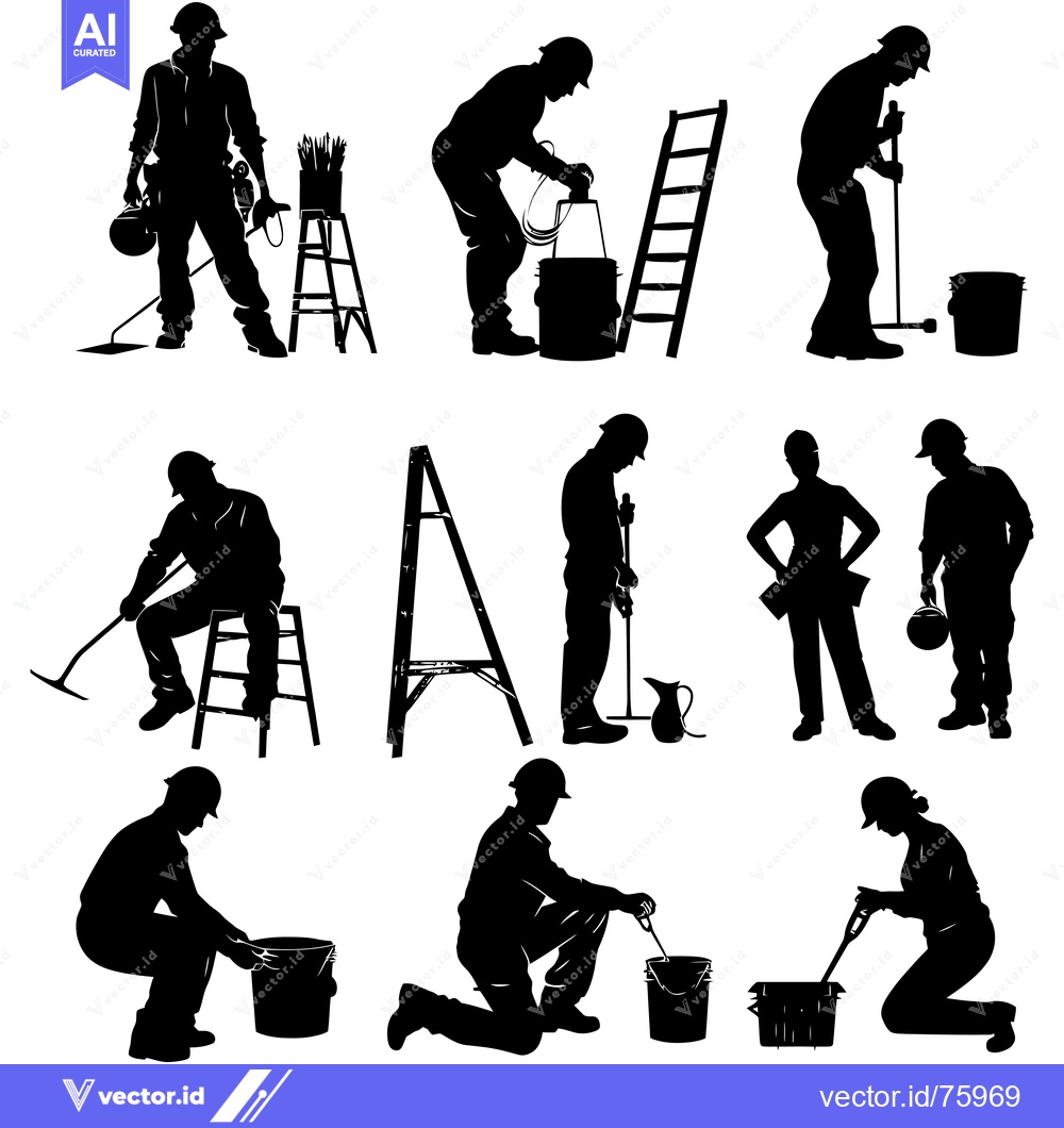 Premium Vector dari Silhouettes of Construction Workers Using Various Tools and Equipment