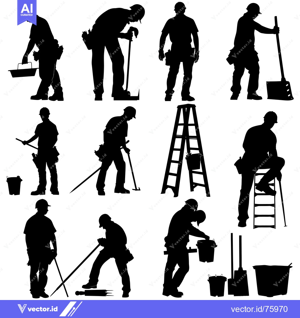 Premium Vector of Construction Workers in Silhouettes Holding Tools and Using Ladders
