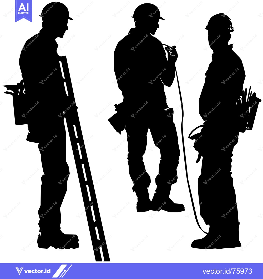 Premium Vector of Three Silhouettes of Workers in Hard Hats with Tools and a Ladder