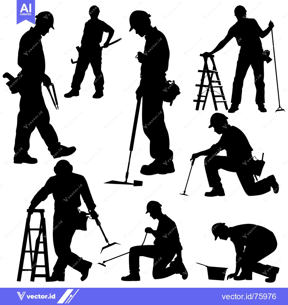 Premium Vector dari Silhouettes of Construction Workers with Tools and Ladders