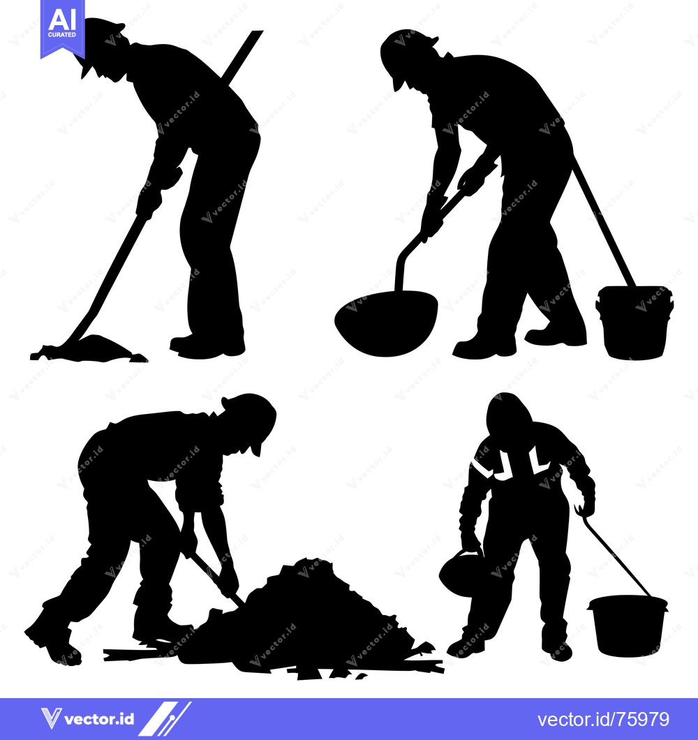 Premium Vector dari Four Silhouettes of Workers Using Tools and Buckets