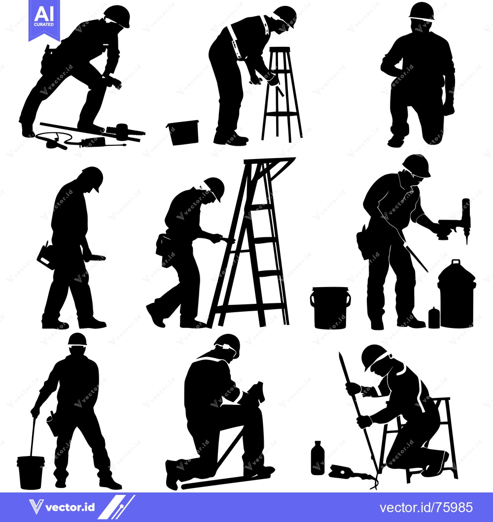 Premium Vector dari Silhouettes of Construction Workers with Tools and Equipment