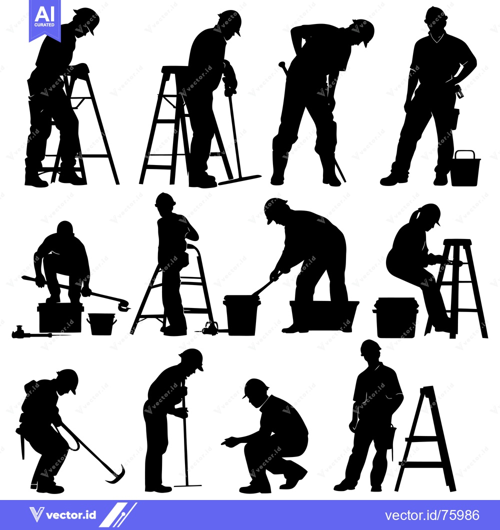 Premium Vector dari Silhouettes of Construction Workers Using Ladders and Tools