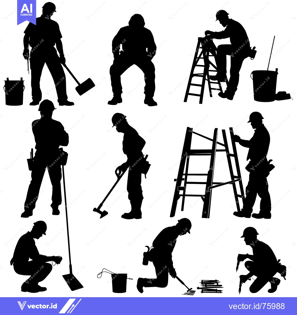 Premium Vector dari Silhouettes of Construction Workers with Tools and Ladders