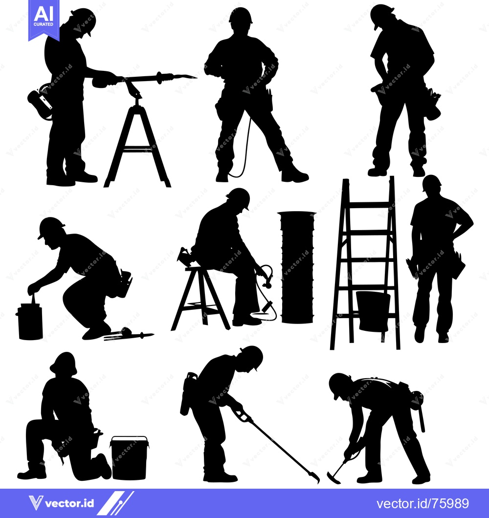 Premium Vector dari Silhouettes of Construction Workers in Various Poses and Tasks