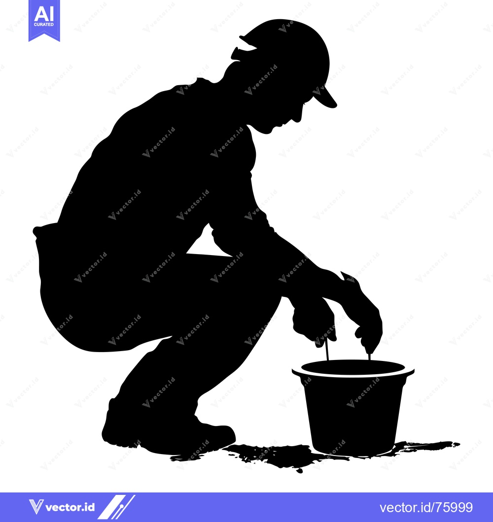 Premium Vector dari Silhouette of a construction worker in a hard hat, squatting, and usin