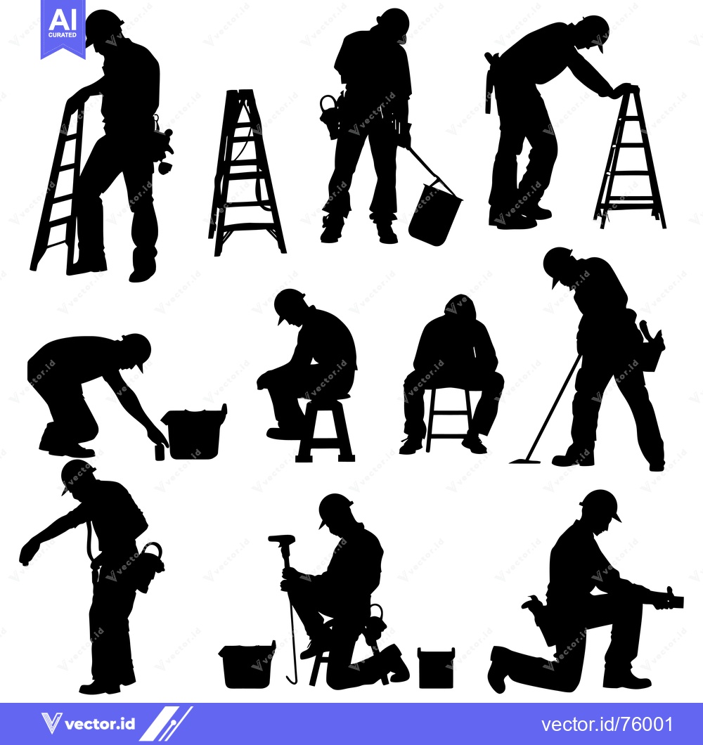 Premium Vector of Silhouettes of Construction Workers in Various Positions with Tools an