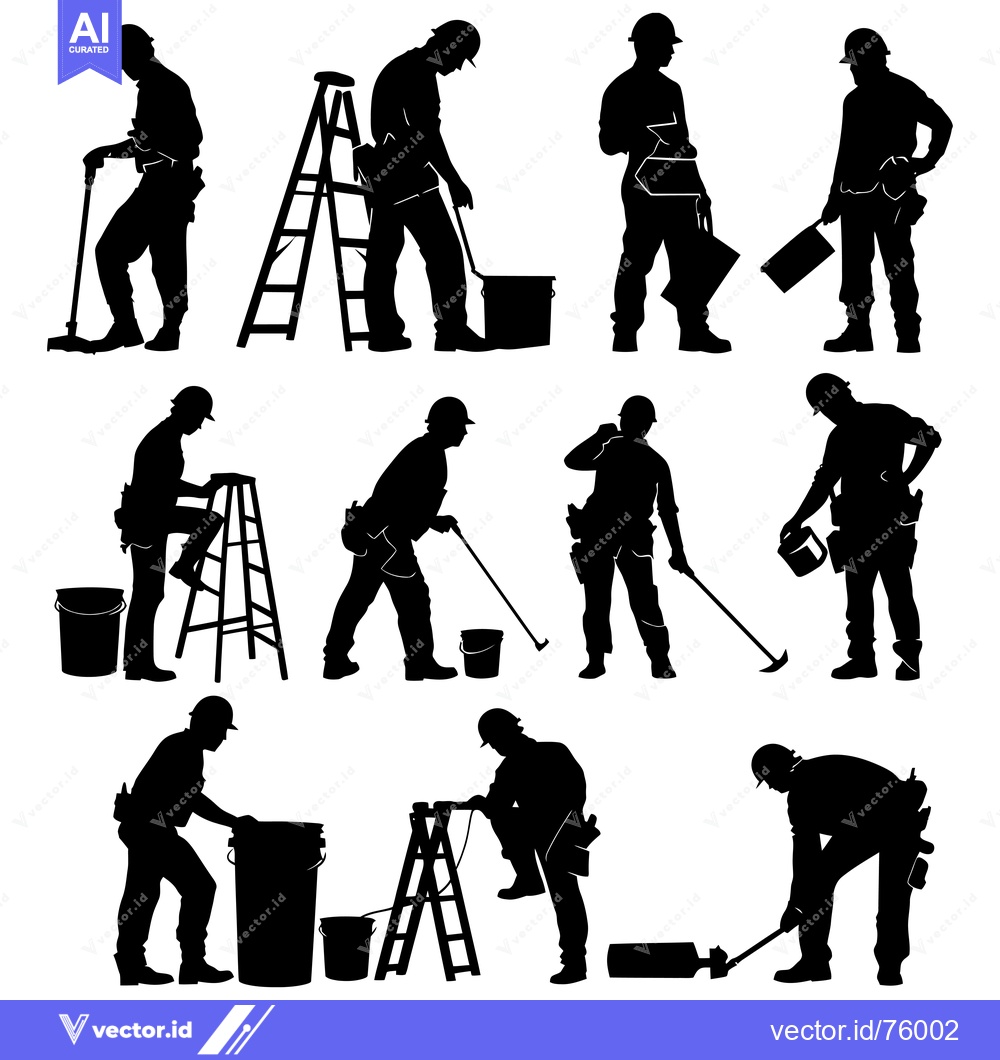Premium Vector of Silhouettes of Construction Workers with Tools and Ladders