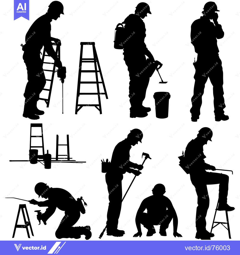 Premium Vector of Silhouettes of Construction Workers with Tools and Ladders