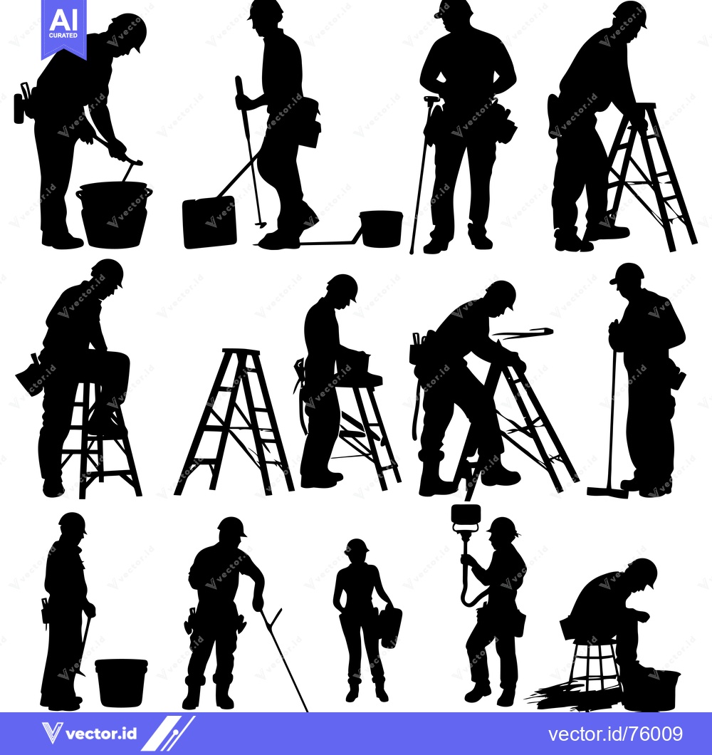 Premium Vector dari Silhouettes of Construction Workers Using Ladders, Tools, and Buckets
