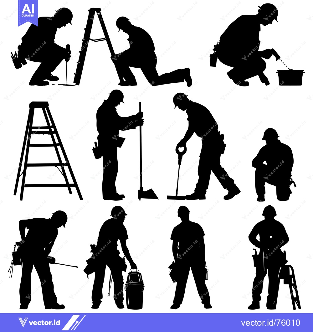 Premium Vector dari Silhouettes of Construction Workers with Tools and Ladders