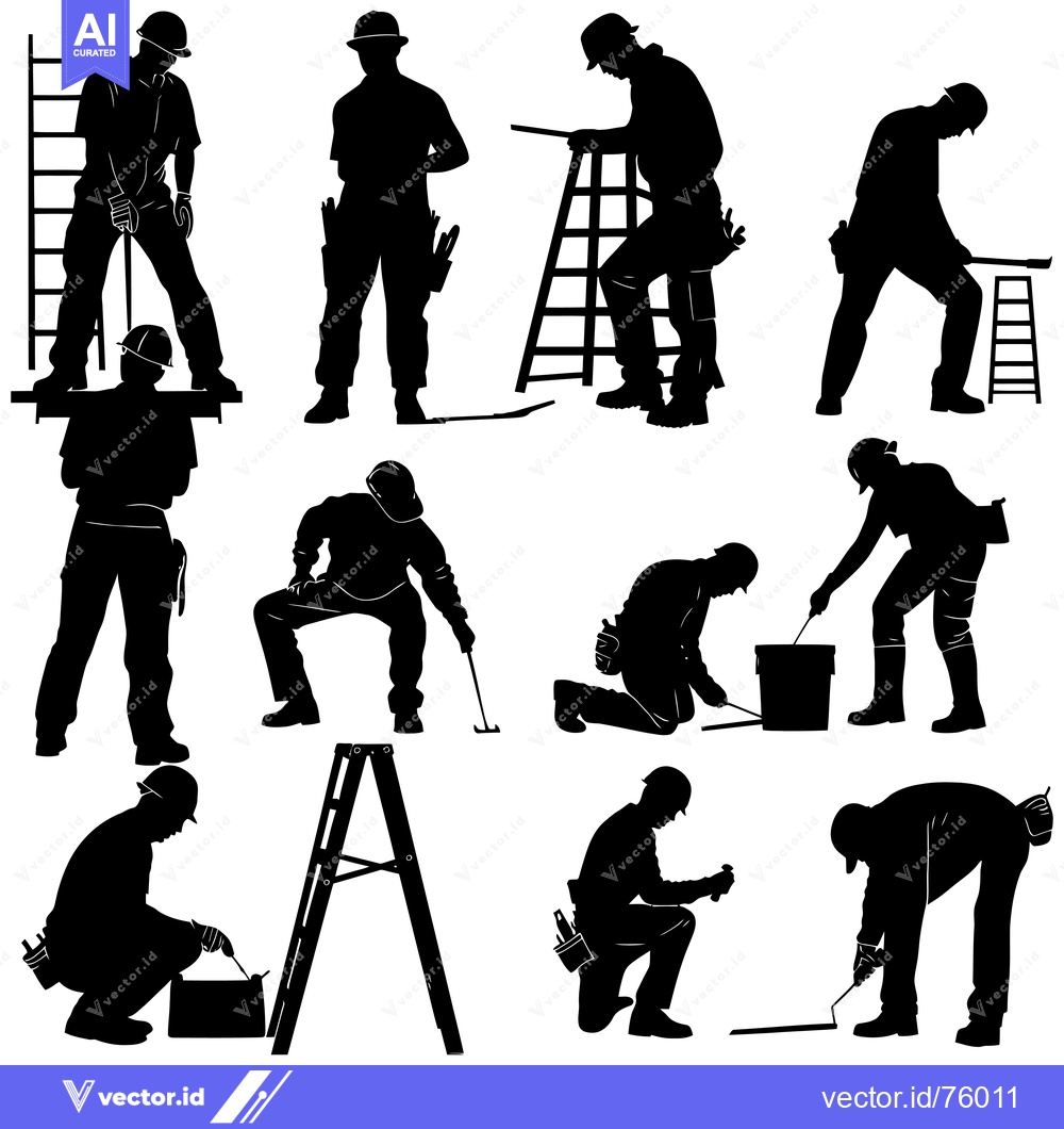 Premium Vector of Nine Silhouettes of Construction Workers in Various Working Positions