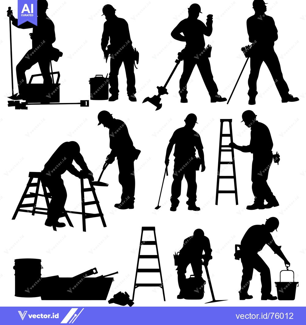 Premium Vector dari Silhouettes of Construction Workers with Tools and Ladders