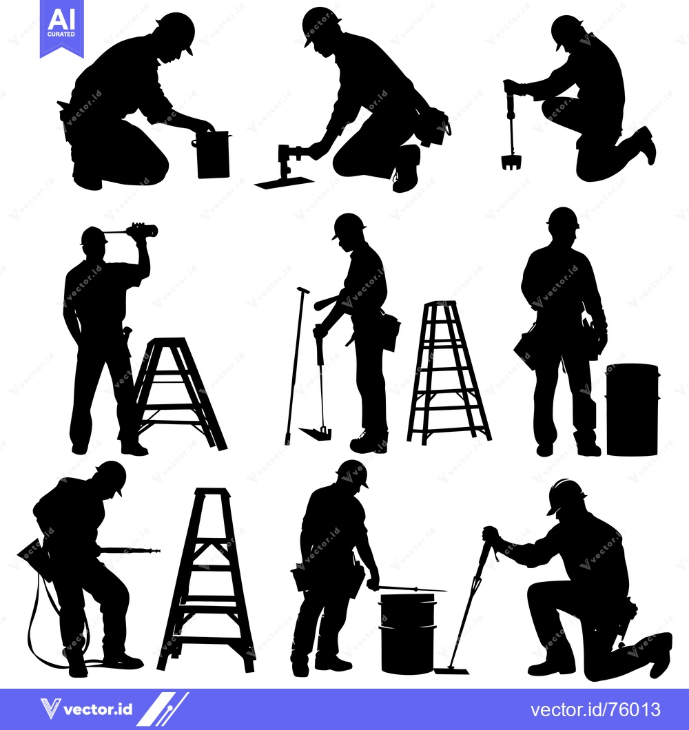 Premium Vector dari Silhouettes of Construction Workers with Tools and Ladders