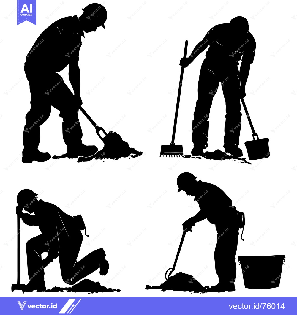 Premium Vector of Four Silhouettes of Workers Cleaning Up with Shovels and Brooms