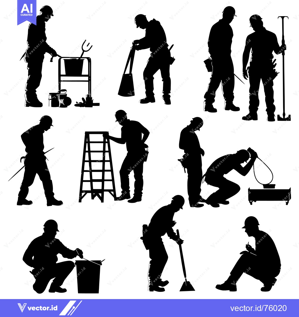 Premium Vector dari Silhouettes of Construction Workers Performing Various Tasks