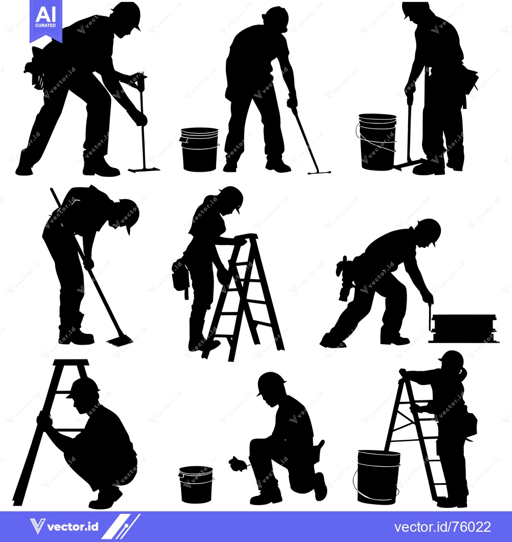 Premium Vector dari Silhouettes of Construction Workers Using Tools and Ladders