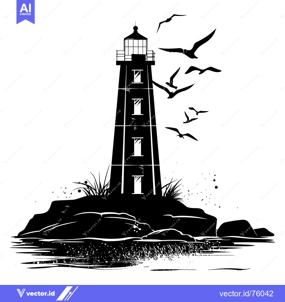 Premium Vector of A Silhouette of a Lighthouse on a Rocky Outcropping with Flying Birds