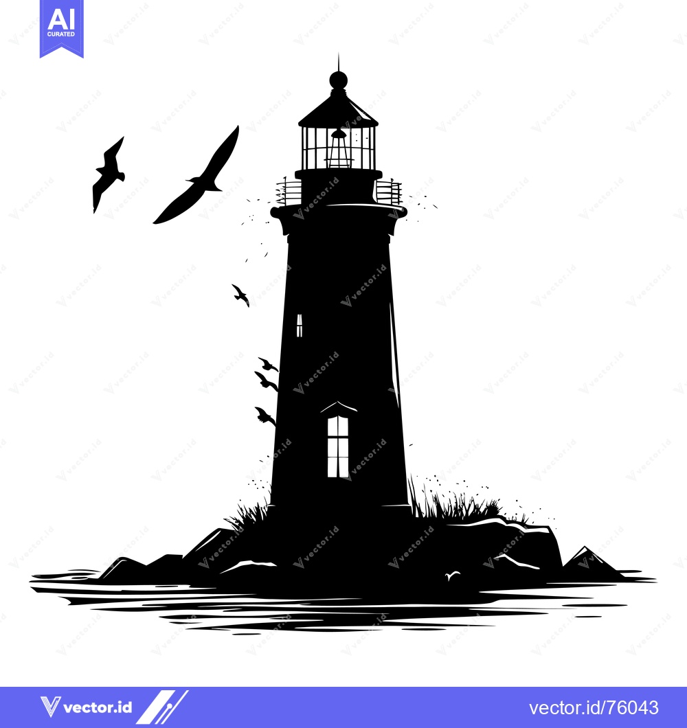 Premium Vector dari A Black and White Silhouette of a Lighthouse on an Island with Seagull