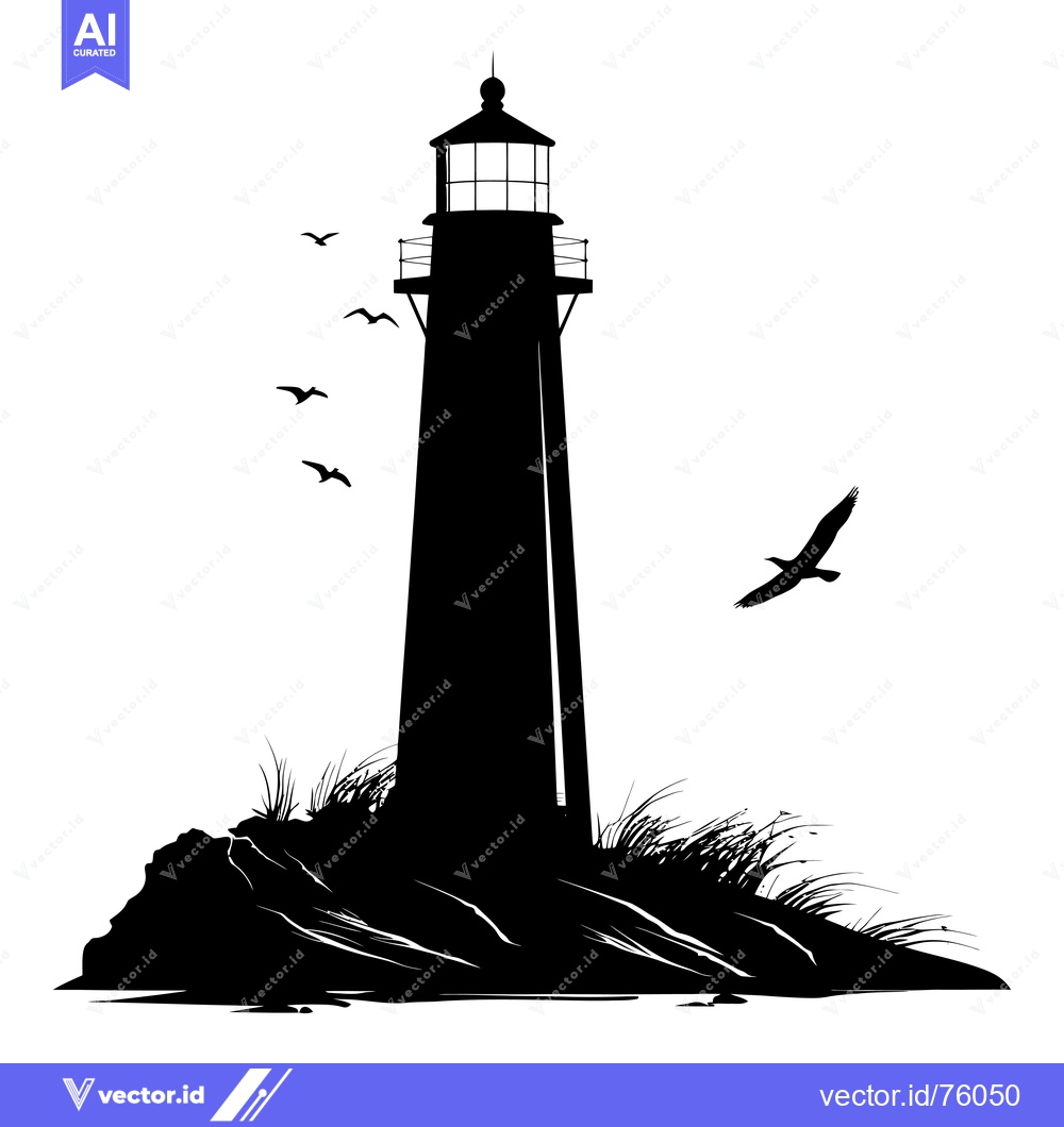 Premium Vector dari Silhouette of a lighthouse on a rocky shore with seagulls flying overh