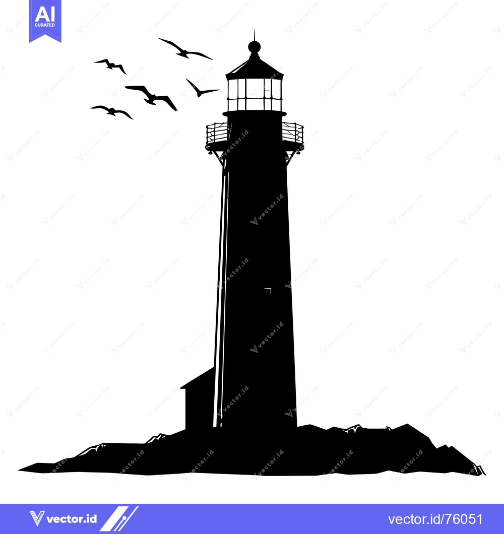 Premium Vector of Silhouette of a Tall Lighthouse on a Rocky Shore with Birds Flying Ove