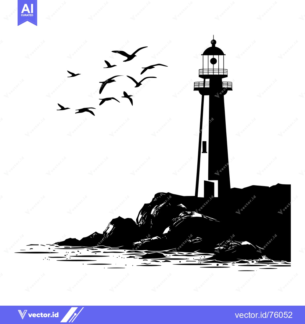 Premium Vector dari Silhouette of a Lighthouse on a Rocky Coastline with Birds Flying Over