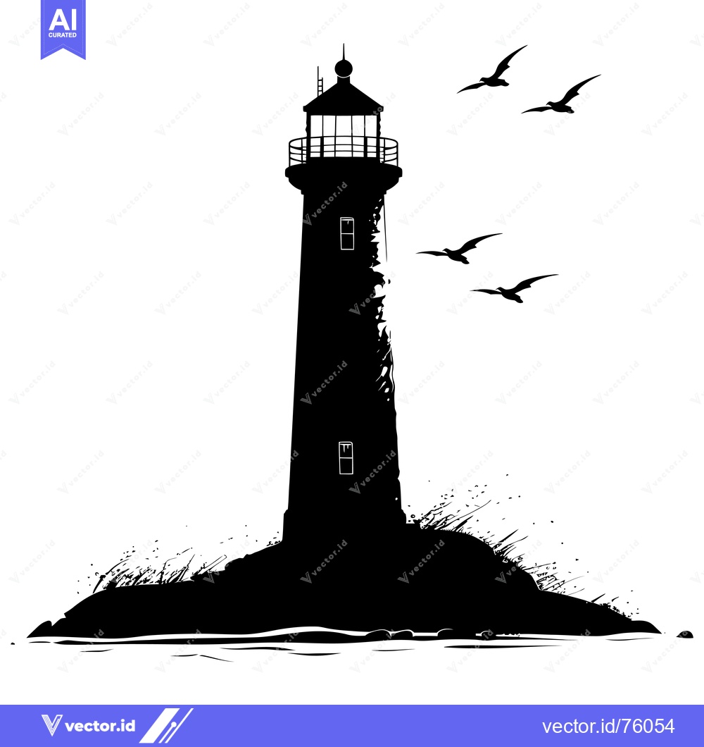 Premium Vector of Silhouette of a Lighthouse on a Rocky Island with Flying Birds