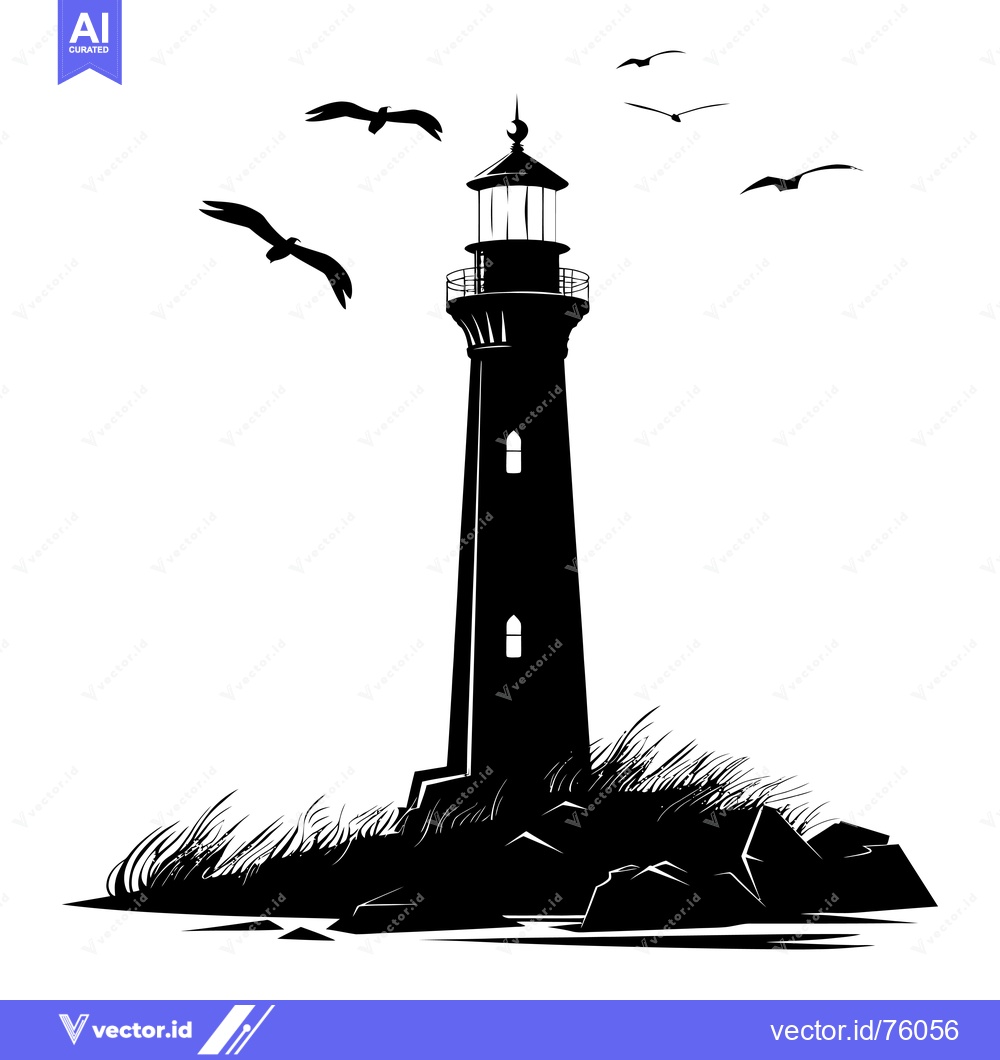 Premium Vector of Silhouette of a Lighthouse on a Rocky Shore with Seagulls Flying Above