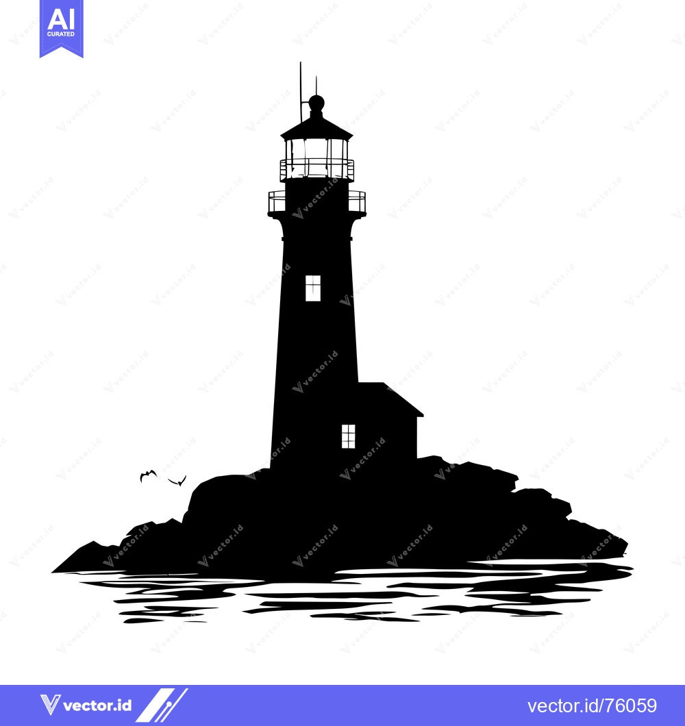 Premium Vector dari Silhouette of a Lighthouse on a Rocky Outcropping with Birds Flying Ov