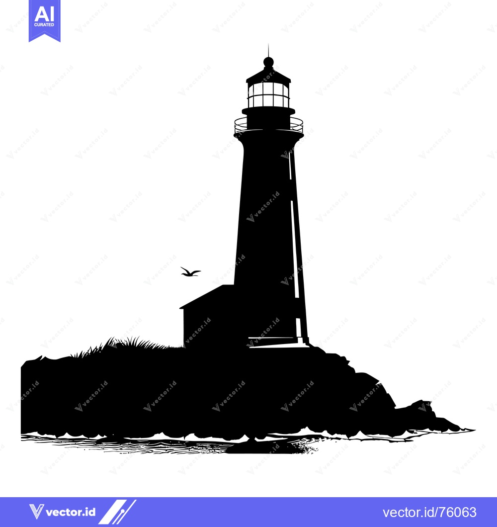 Premium Vector of Silhouette of a Lighthouse on a Rocky Coastline with a Bird Flying Ove