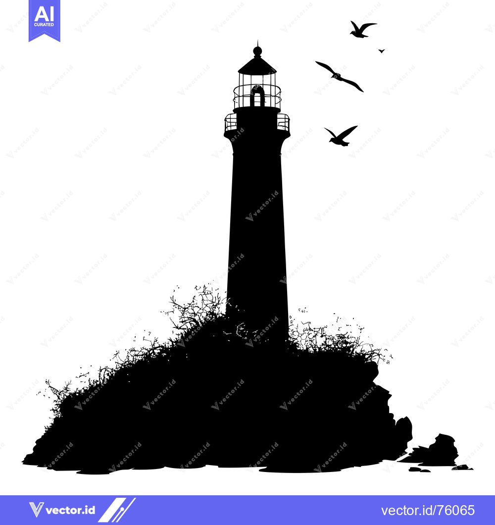 Premium Vector of Black Silhouette of a Lighthouse on a Rocky Island with Birds Flying O