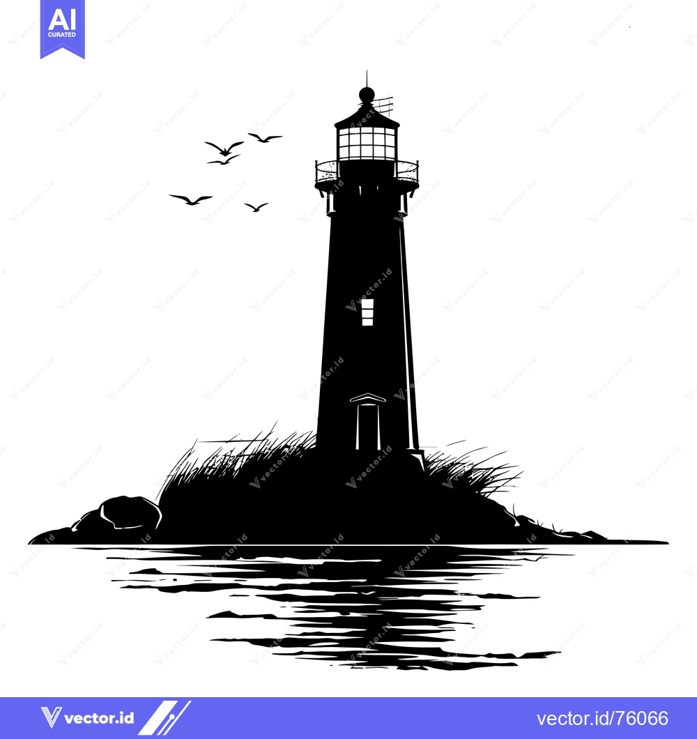 Premium Vector of Silhouette of a Lighthouse on a Rocky Outcropping with Birds Flying Ov