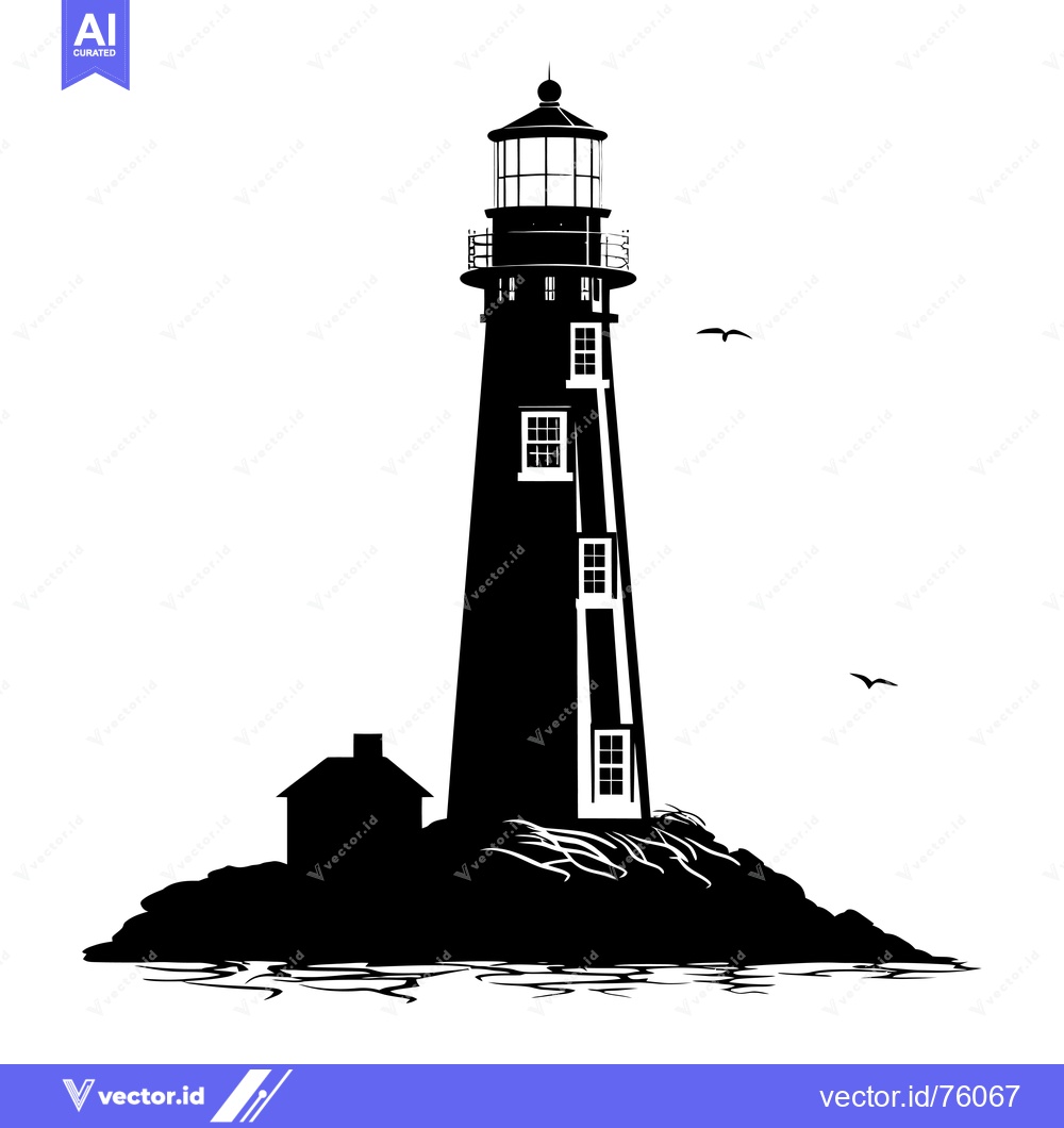 Premium Vector dari A Black and White Silhouette of a Lighthouse on a Rocky Shore
