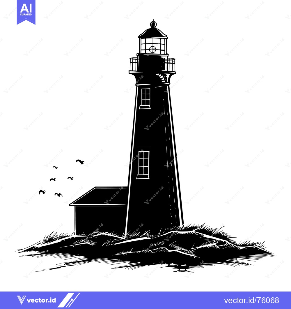 Premium Vector dari Black and White Silhouette of a Lighthouse on a Cliff